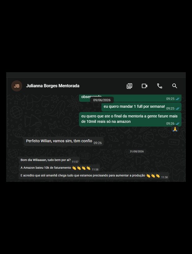 Juliana combinando a meta de 10 mil reais na Amazon em junho e avisando que bateu em agosto