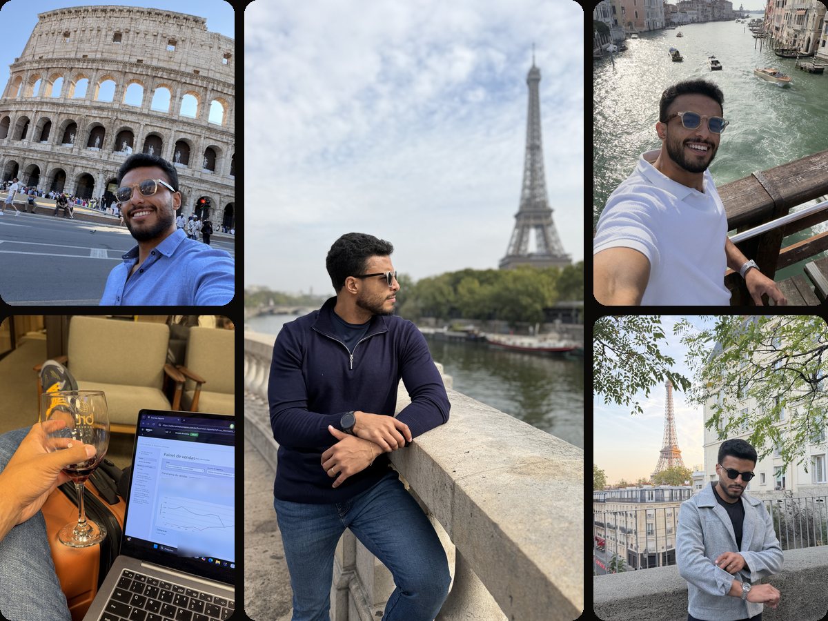 Wilian em Paris, em Roma e em Veneza, e o painel de vendas da Amazon aberto no notebook na sala de embarque