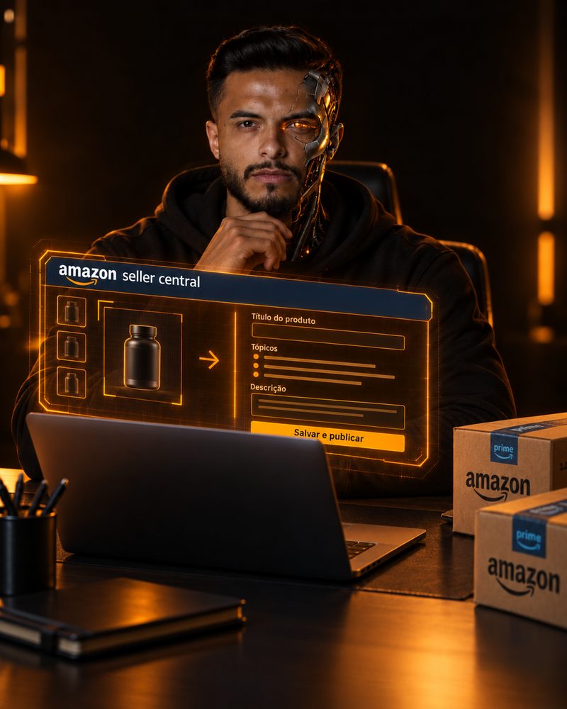 Wilian em versão robô, com a tela do Amazon Seller Central transformando a foto do produto em anúncio