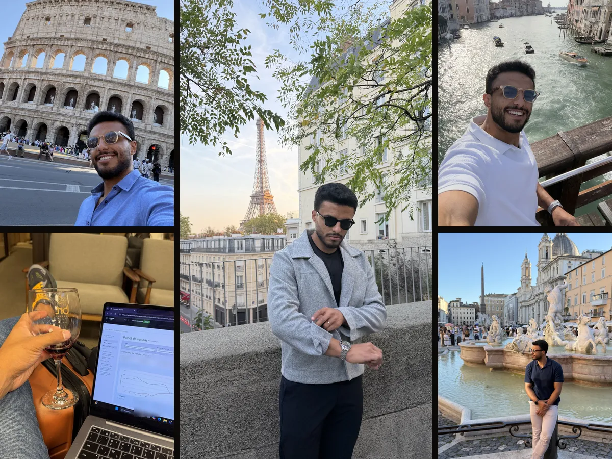 Wilian em Roma, Paris e Veneza, e o painel de vendas aberto no notebook