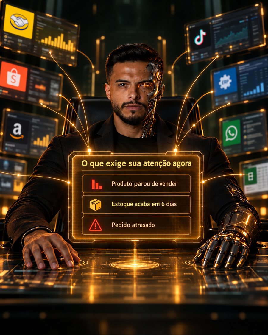 Wilian em versão robô numa central de comando, com as telas dos marketplaces convergindo num painel único de alertas